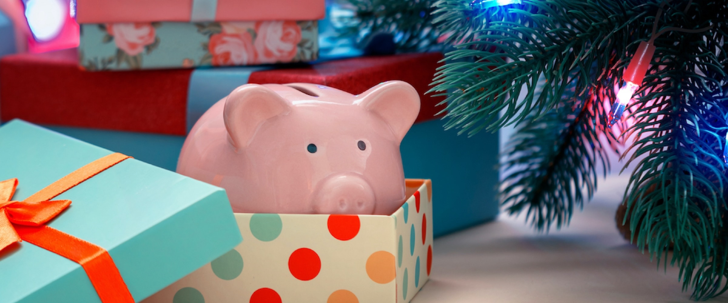 Photo of a piggy bank under a holiday tree.