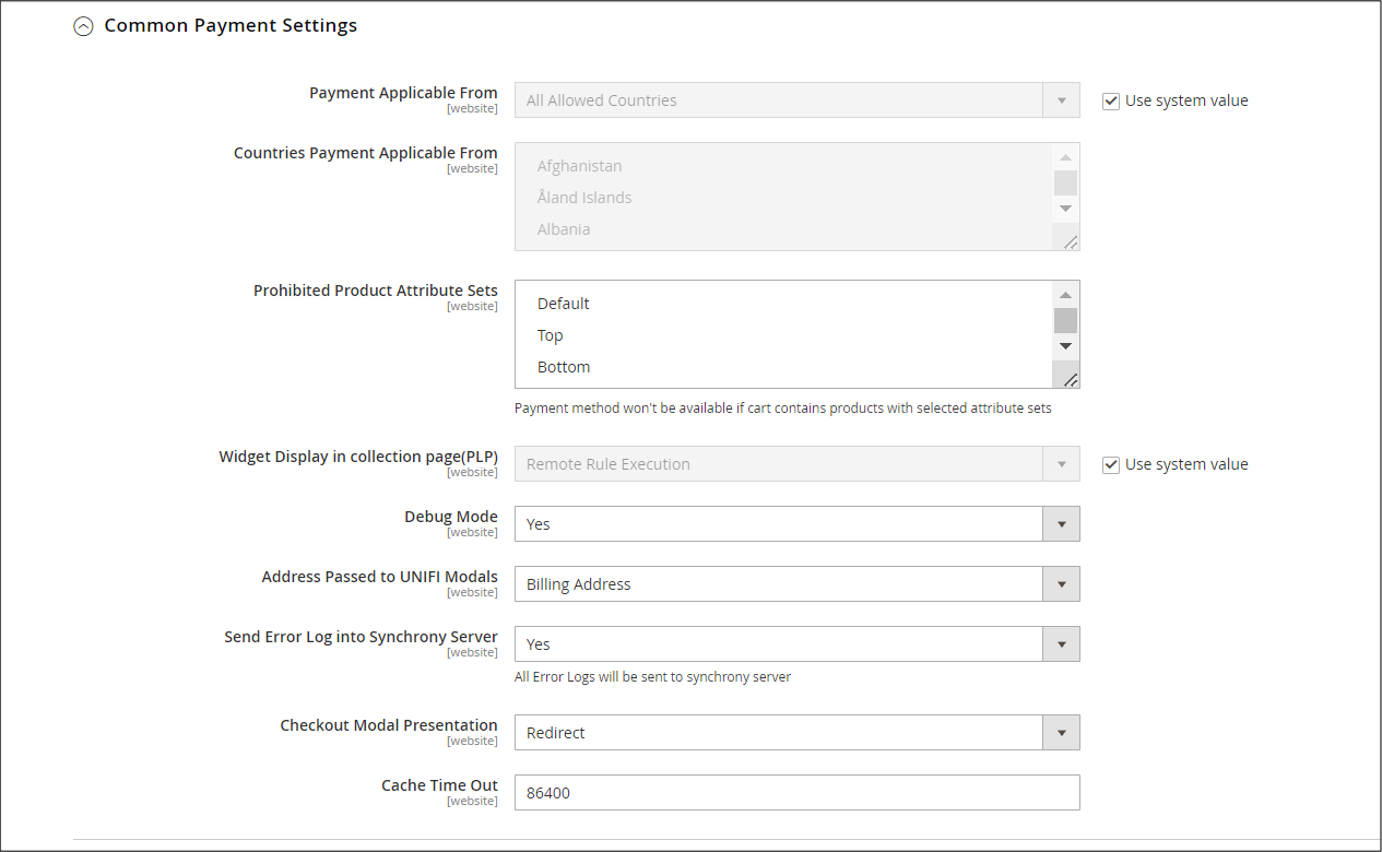 Common payment settings