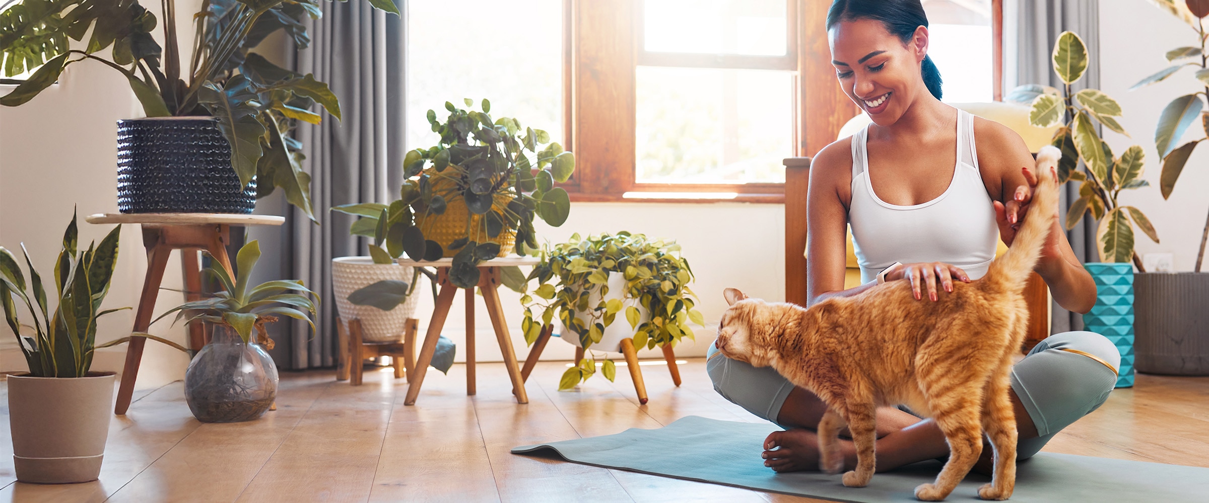 Photo of woman on house floor playing with a cat.