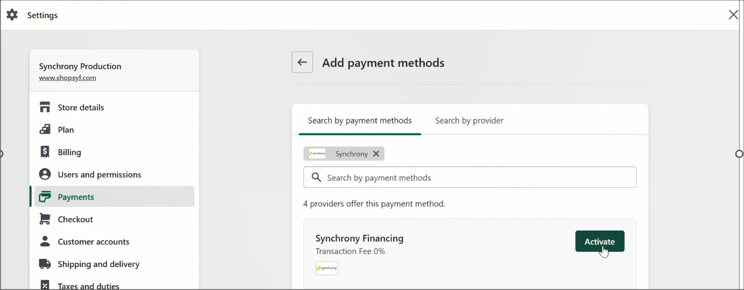 Shopify activate payment methods