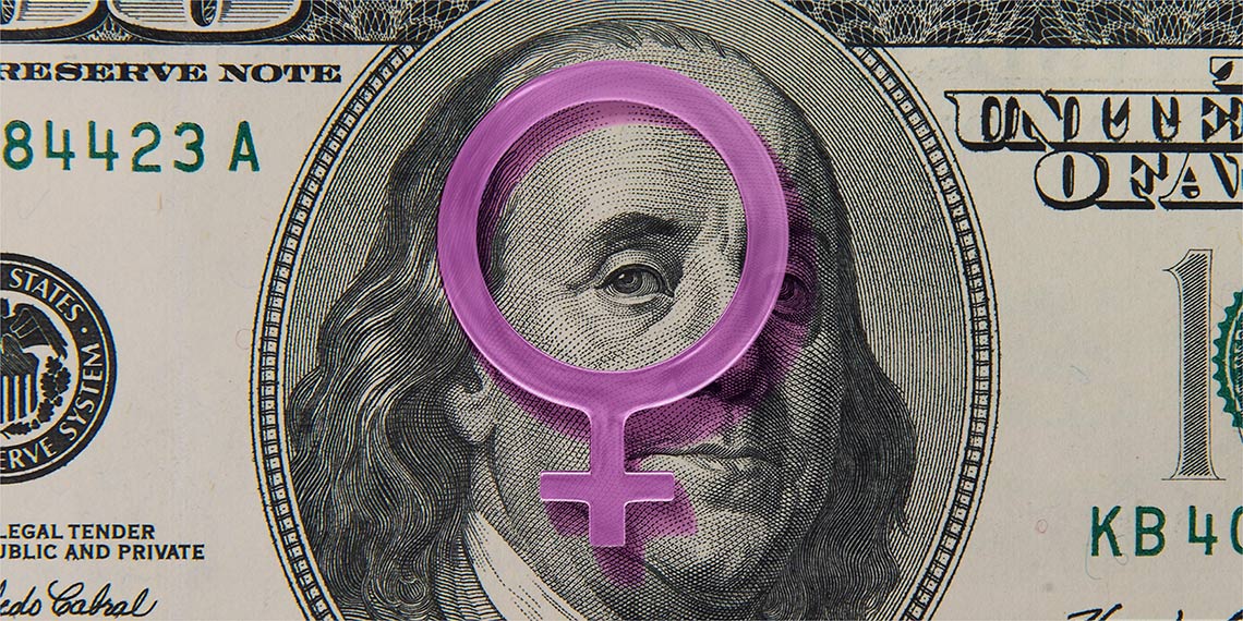 A hundred dollar bill with a woman symbol in the middle.