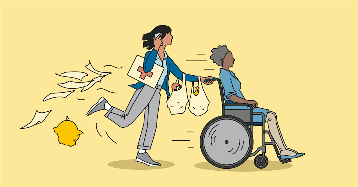 Illustration of woman juggling different responsibilities while assisting a woman in a wheelchair.