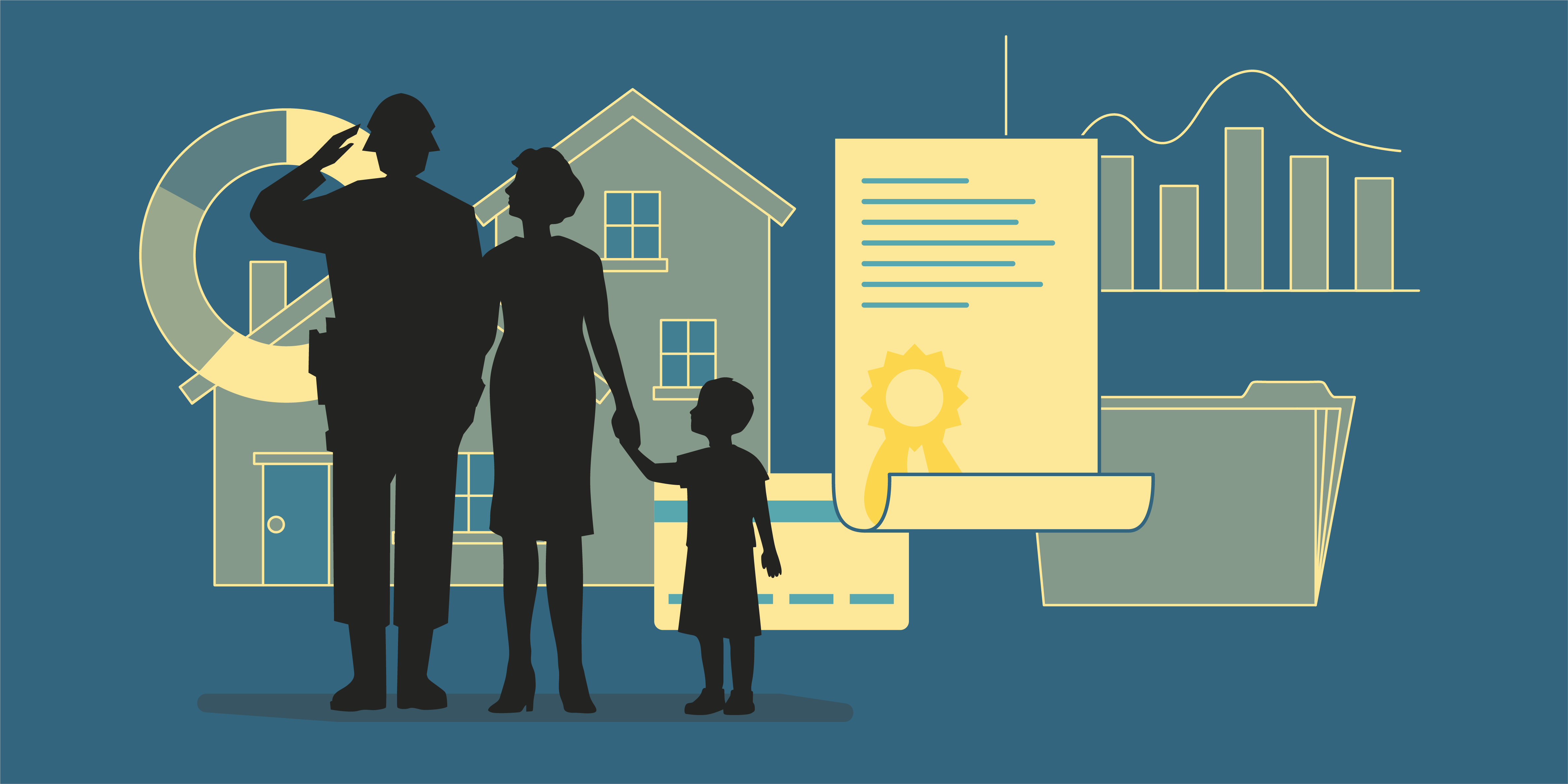 Illustration of military family with icons of personal finance behind them.