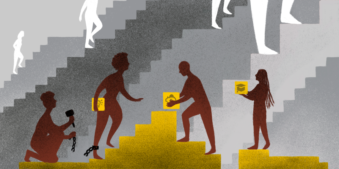 Illustration of silhouettes carrying blocks symbolizing aspects of wealth up stairs.