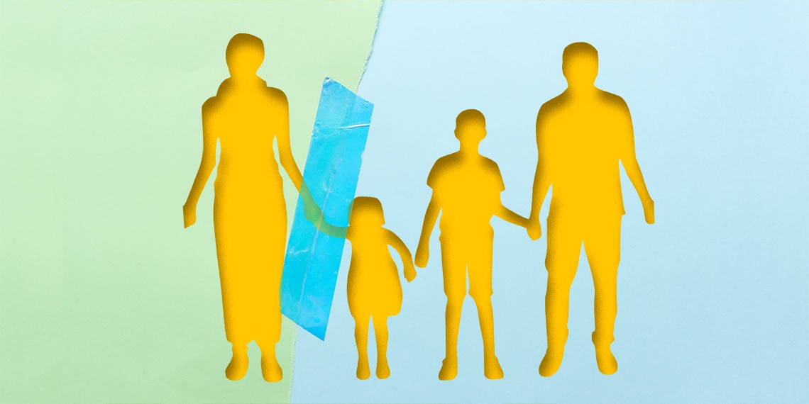 A silhouette of a family taped together