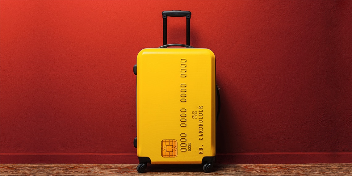 A suitcase with a credit card as its front