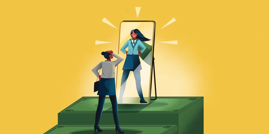 Illustration of young woman staring at mirror and seeing herself in a super heroine pose.