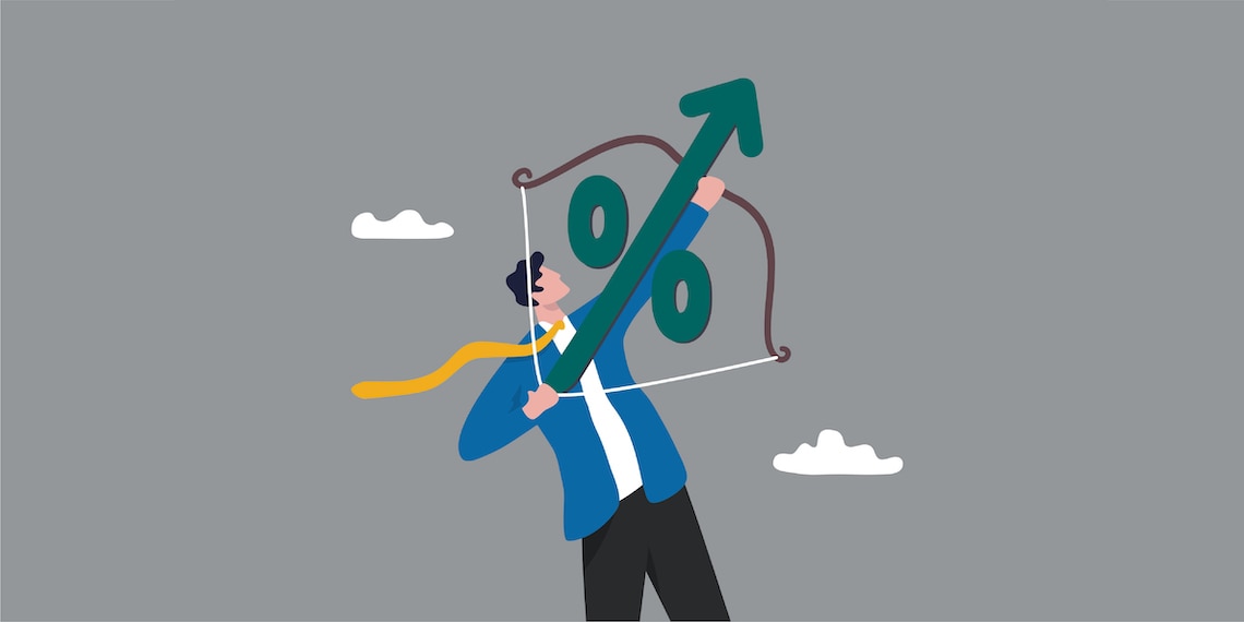 Illustration of a person using percentage symbol as bow and arrow and aiming at the sky.