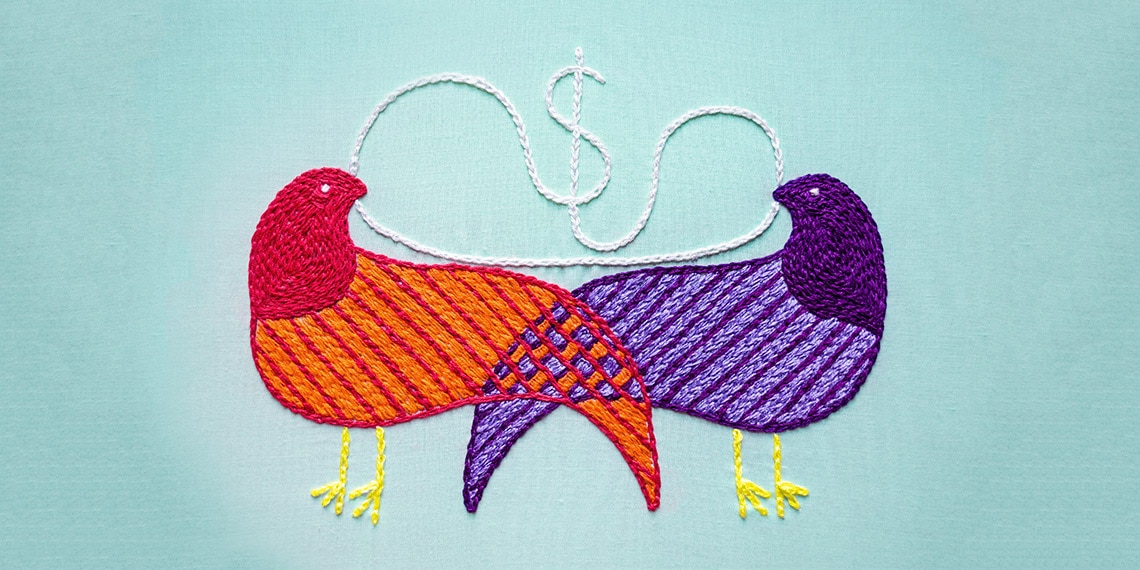 A needlepoint of two birds holding one thread, by Carolyn Bouchard.