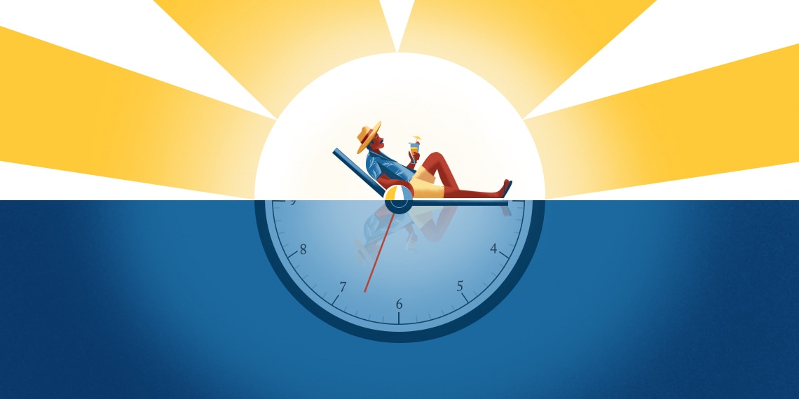 A horizontally split image of a sun's horizon and clock. Top: A man relaxing on a reclining chair in front of the sun. Bottom: Horizon of water shows a clock and reflection of the man reclining.