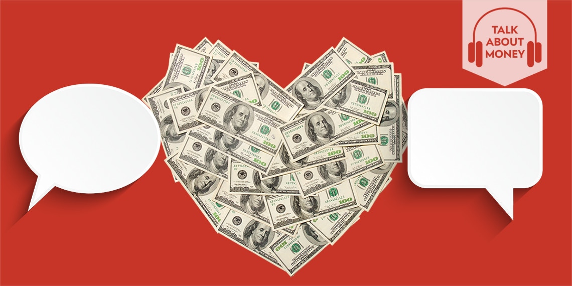 A heart made of hundred dollar bills between two speech bubbles.