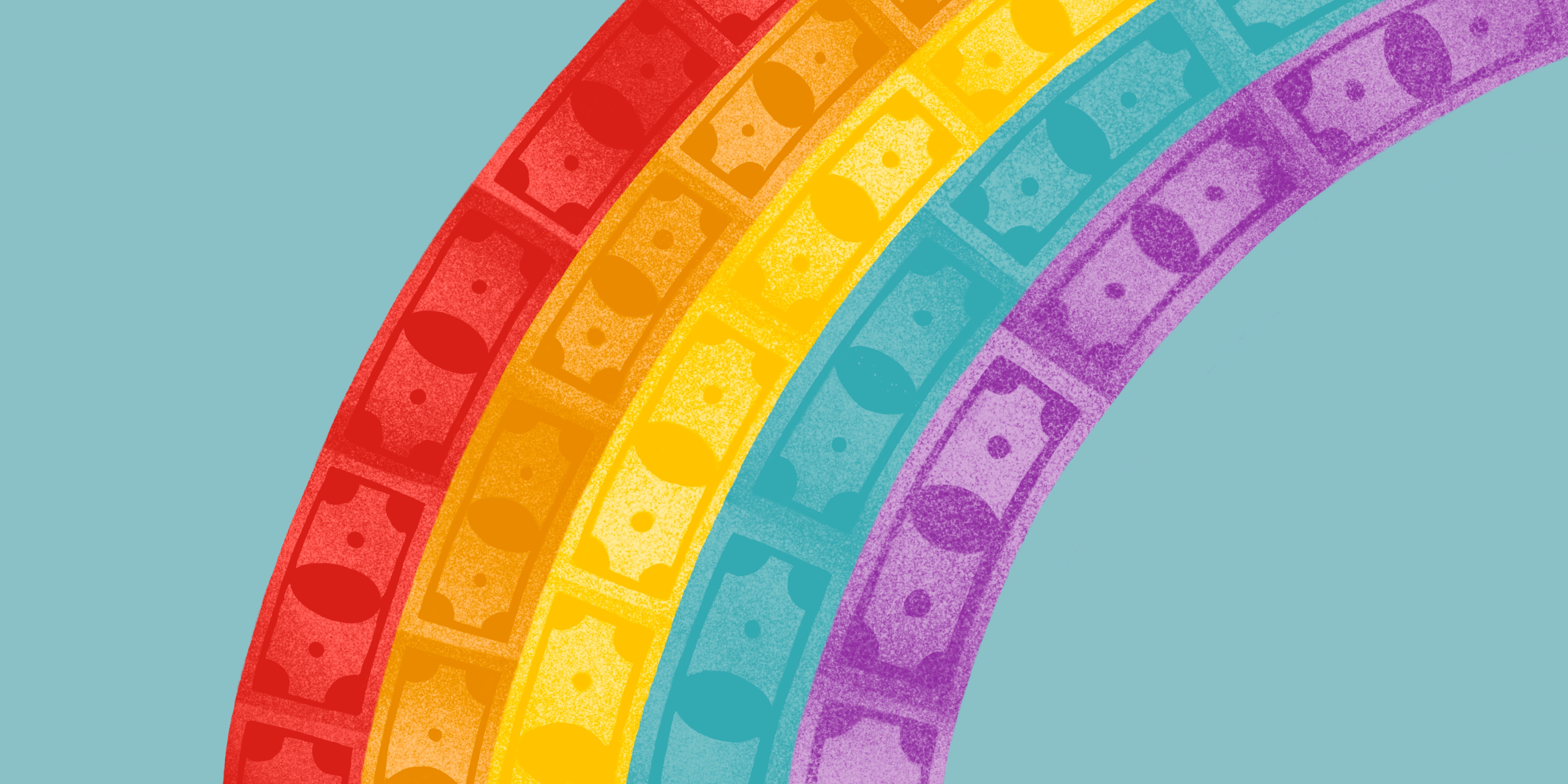 Illustration of rainbow. Images of money can be seen through the colors.