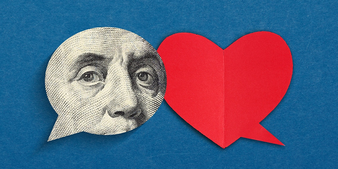 A speech bubble with a heart and a speech bubble with Ben Franklin from the 100 dollar bill