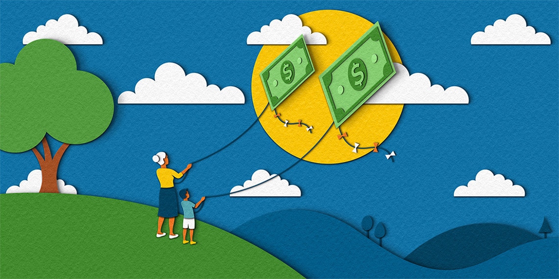 Animation of a grandmother and grandson flying kites made of dollar bills by the hillside.