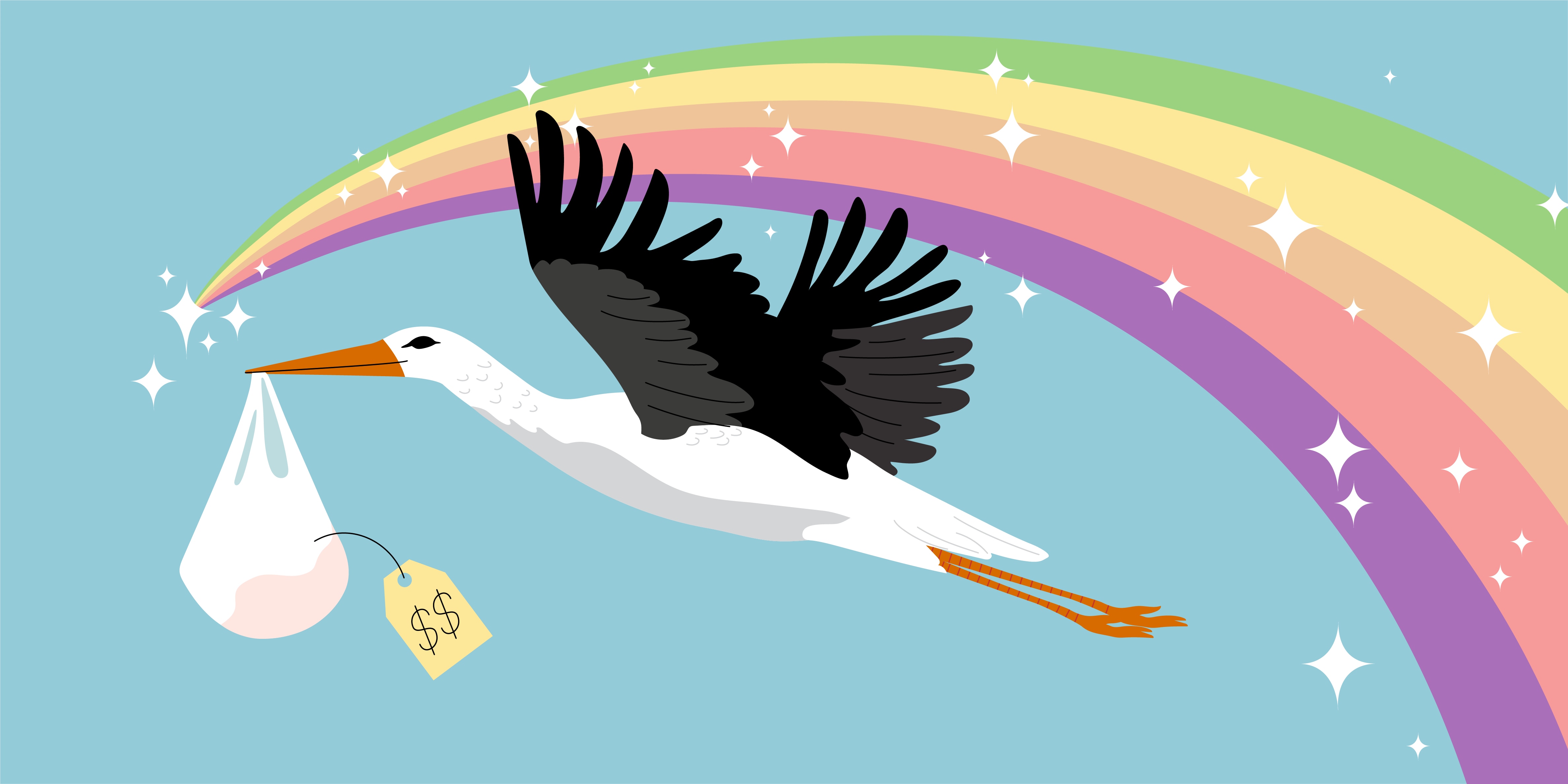 Illustration of a stork holding a bag in its beak and flying under a rainbow.