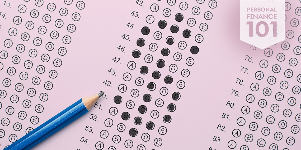 A quiz sheet with the bubbles filled in to form a dollar sign