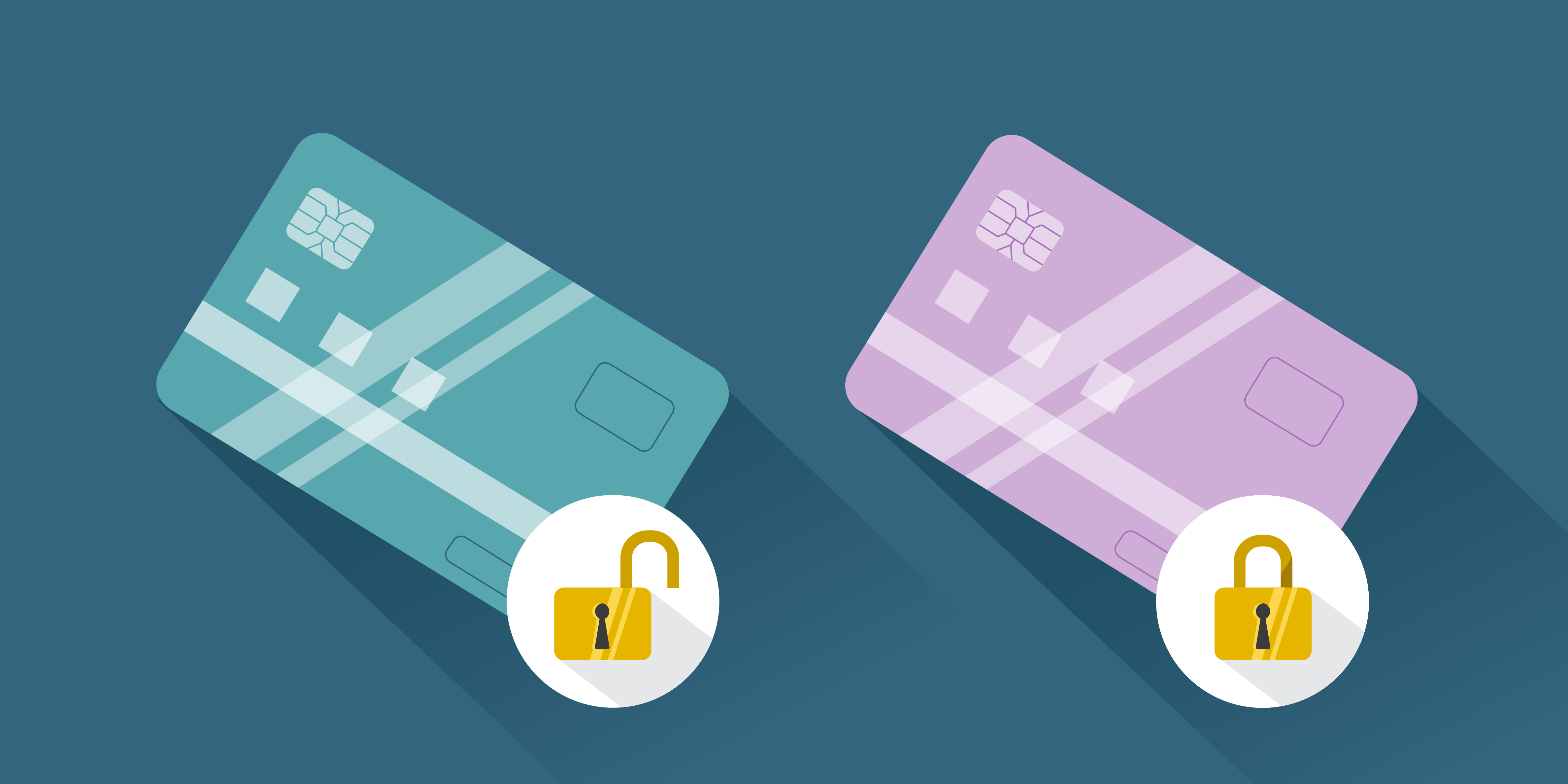 Illustration of a credit card with a unlocked padlock and one with a locked padlock.