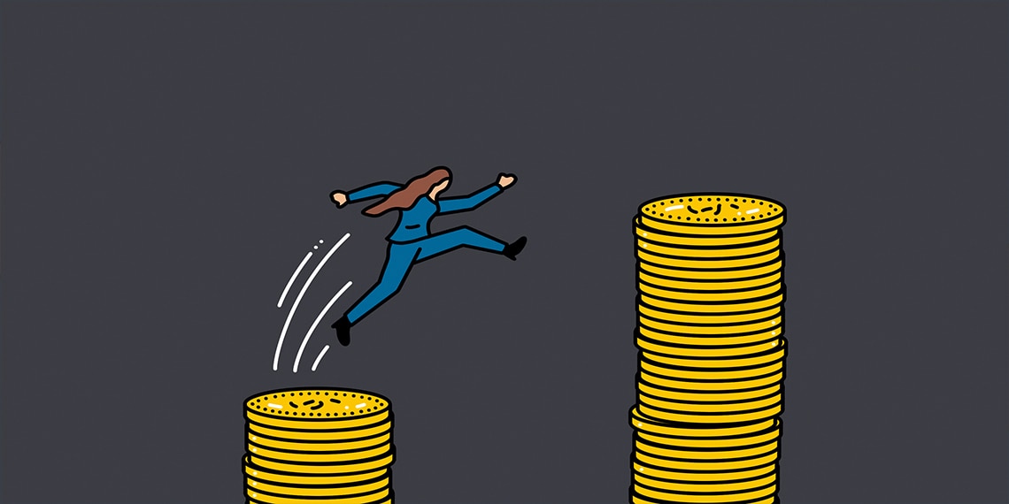 An illustration of a woman trying to jump over a gap from one stack of coins to a taller stack.