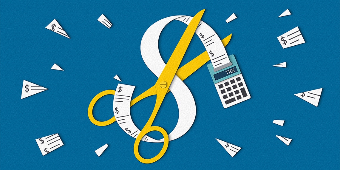 An illustration of a giant pair of scissors cutting a long receipt generated from a “tax calculator.”