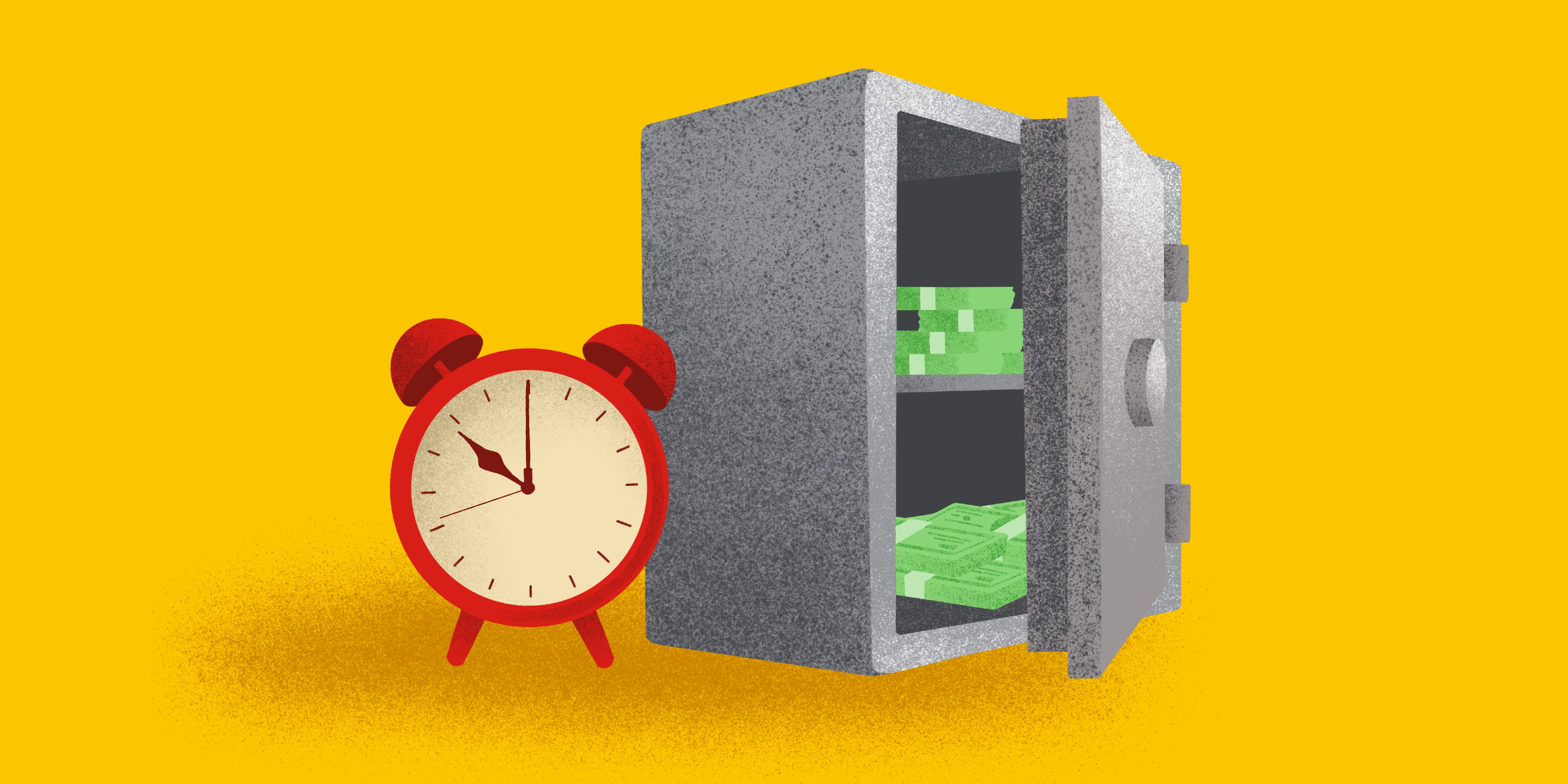 Illustration of safe with money in it. The safe is next to a clock.