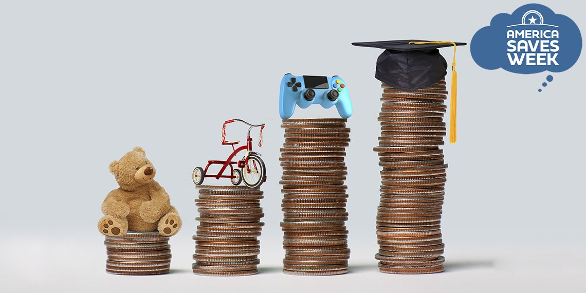 Stacks of coins with childhood items on top.