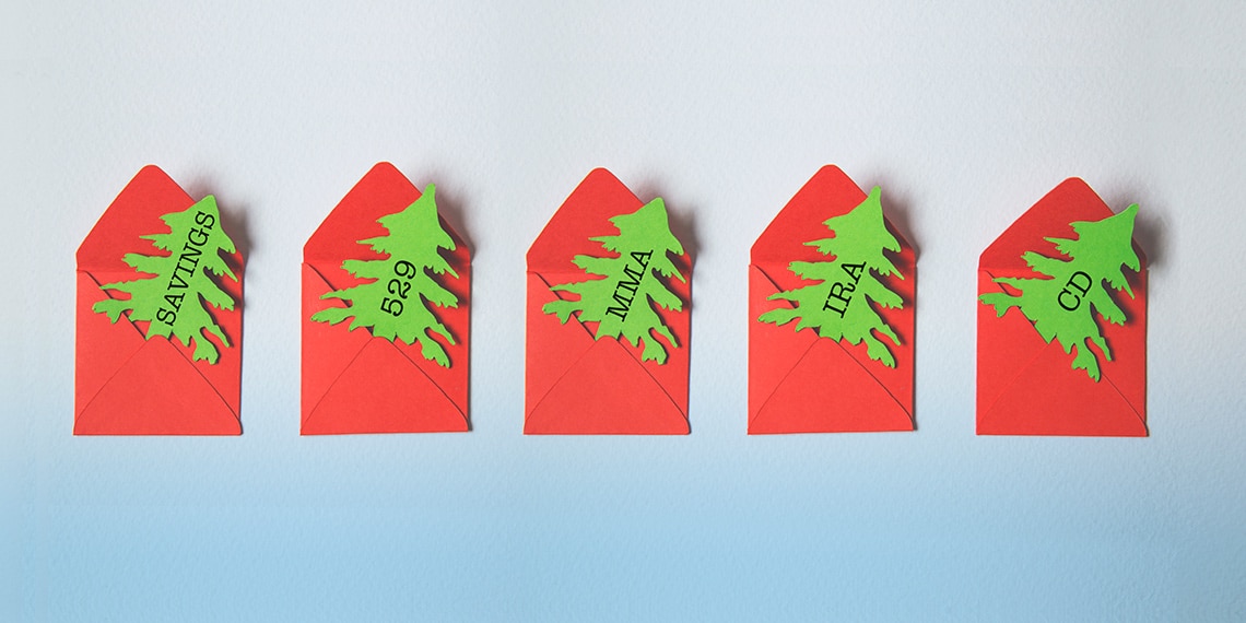 Photo of red money envelopes with Christmas tree-shaped tags listing financial products.