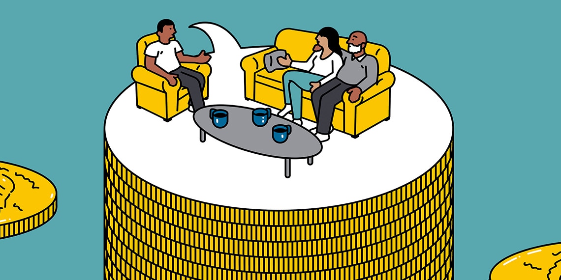 A family on living room furniture atop a stack of coins.